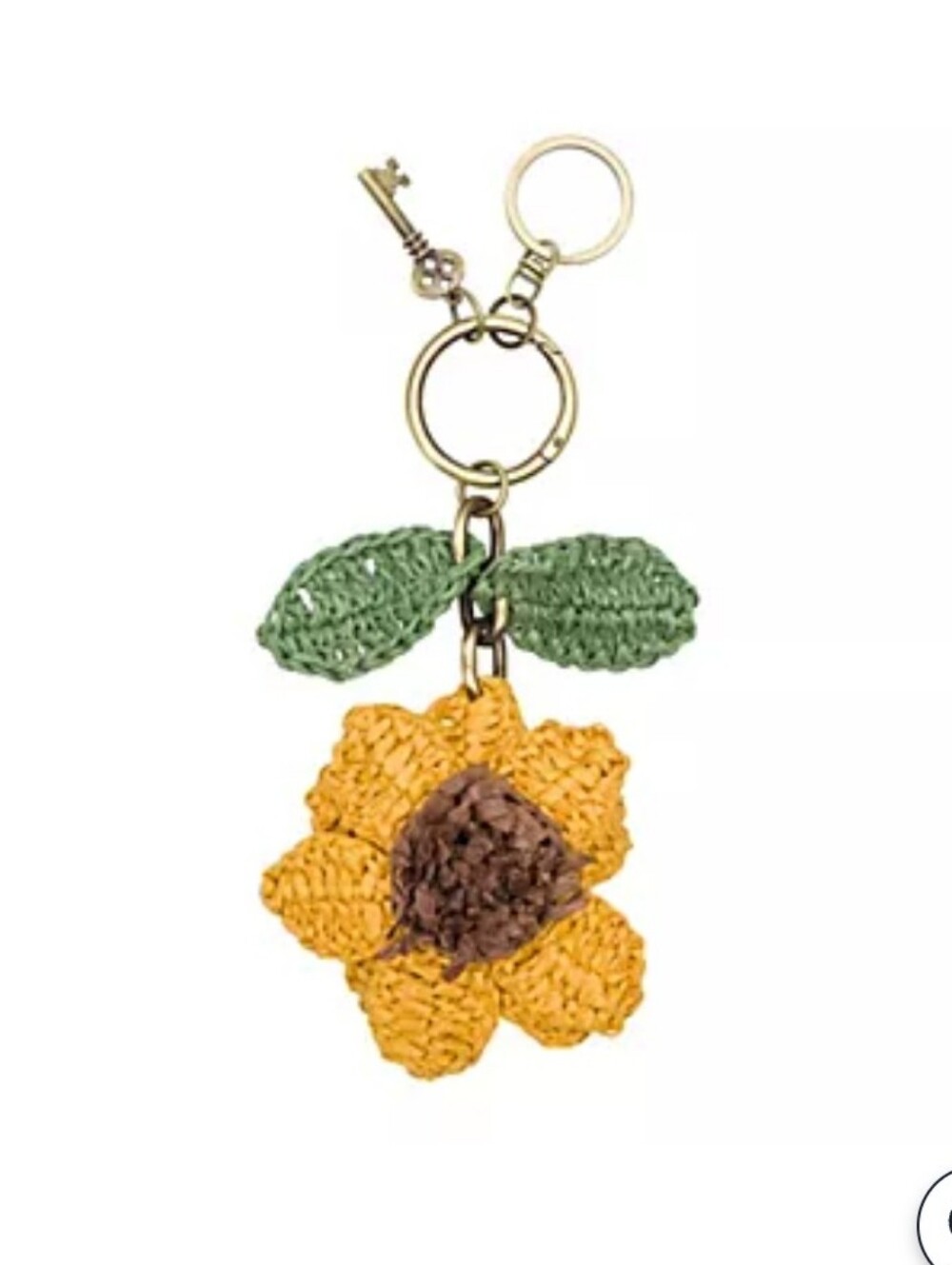 Patricia Nash Yellow Raffia Sunflower Crochet Key & Purse Charm W/Green Leaves